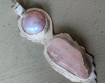 Pearl and Rose quartz sterling pendant