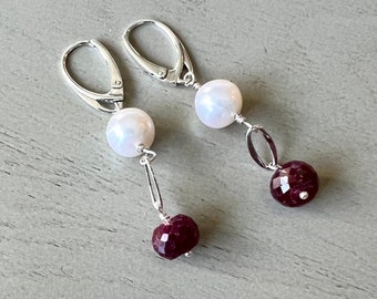 Ruby and pearl earrings with sterling lever-back 2”