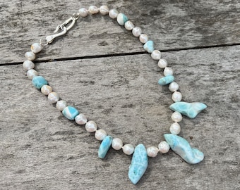 Statement necklace with extra large Larimar and pearls