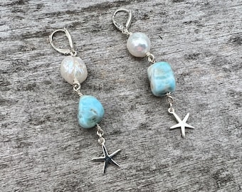 Larimar and pearl earrings with starfish