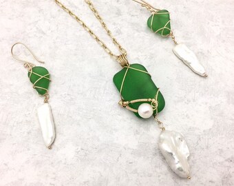 Sea glass and pearl with 14KTGF necklace and earrings