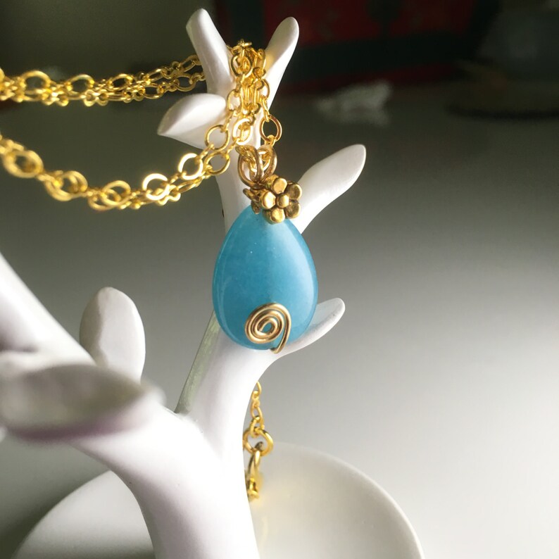 KISHIKO Aqua Marine Blue Genuine Quartz Drop Gem Stone Bead Pendant Sakura Flower Charm 14K Gold Plated Necklace Jewelry Jewellery Gift