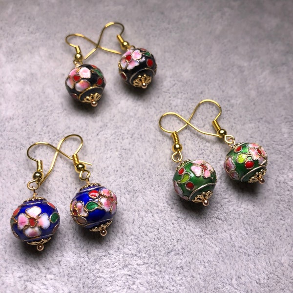STRAITS CHINESE Asian Culture Exotic Traditional CLOISONNE Painted Flower Floral Gold Dangling Round Drop Donut Earrings Jewelry Jewellery