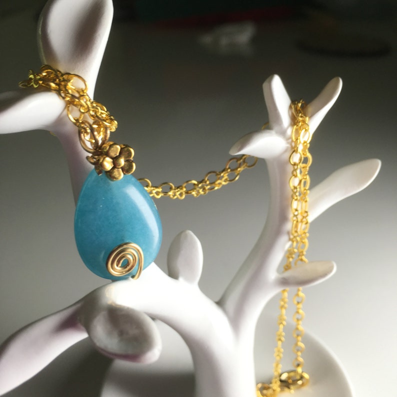 KISHIKO Aqua Marine Blue Genuine Quartz Drop Gem Stone Bead Pendant Sakura Flower Charm 14K Gold Plated Necklace Jewelry Jewellery Gift