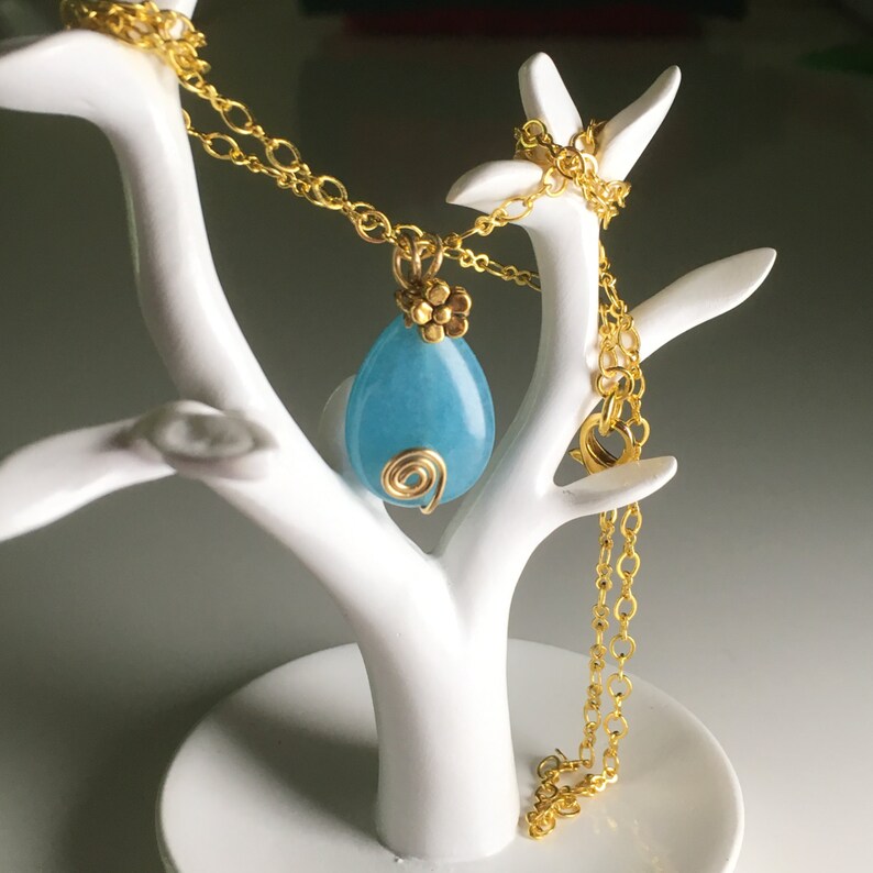 KISHIKO Aqua Marine Blue Genuine Quartz Drop Gem Stone Bead Pendant Sakura Flower Charm 14K Gold Plated Necklace Jewelry Jewellery Gift