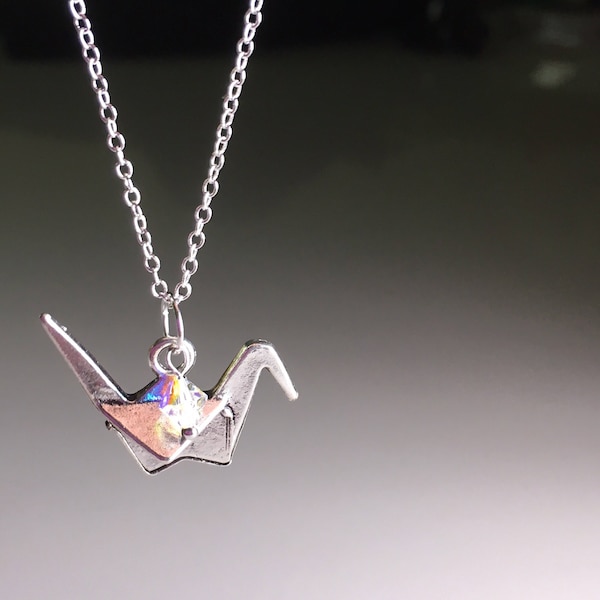 JAPANESE ORIGAMI Paper Crane Bird Zen Silver Metal Pendant Swarovski Crystal Necklace Chain Jewellery Jewelry Gift Bridal Wedding Bridesmaid