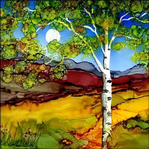 May include: Abstract painting of a birch tree with a white trunk and green leaves against a background of blue sky, a full moon, and colorful hills.