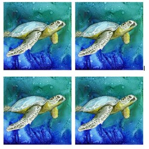 May include: A watercolor painting of a sea turtle swimming in the ocean. The turtle is green and gray with a yellow shell. The ocean is a vibrant blue and green.