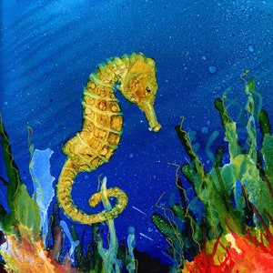 Trivet- Dye Sublimation Imprint of Alcohol Ink painting on a 6x6 ceramic tile-  Alcohol Inks- Art Tile- Sea Horse