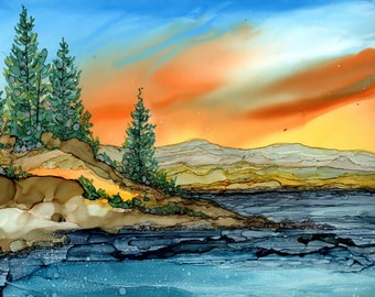 Alcohol Ink Print - 5x7, 8x10, 11x14 Mountain Lake Landscape-