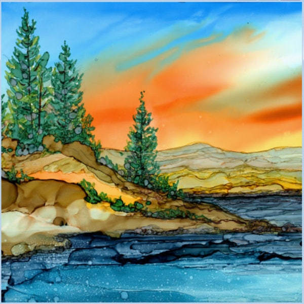 Trivet- Art Tile- Dye Sublimation Imprint of Alcohol Ink painting on Ceramic 6x6 Tile- Alcohol Inks- Mountain Lake