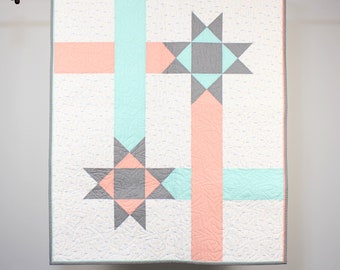 Modern Patchwork Baby/Lap Quilt in Aqua, Peach, Gray and White