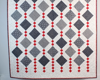 Handmade Modern Throw Quilt: Gray, Red, and White Cotton