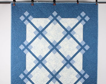 Handmade Patchwork  Modern Throw Quilt in Blue and Off-White