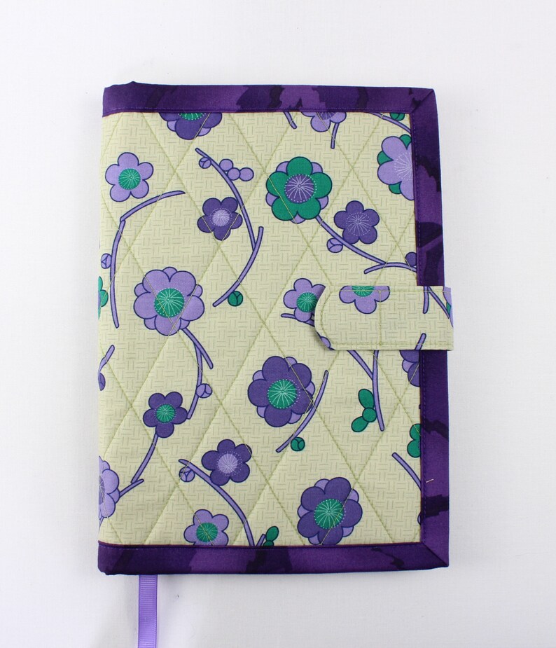 Quilted notebook cover with A5 spiral notebook -purple/teal Asian floral image 1