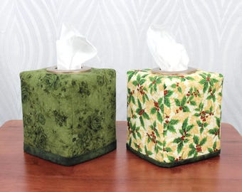 Reversible tissue box cover - Green Floral and Christmas Holiday