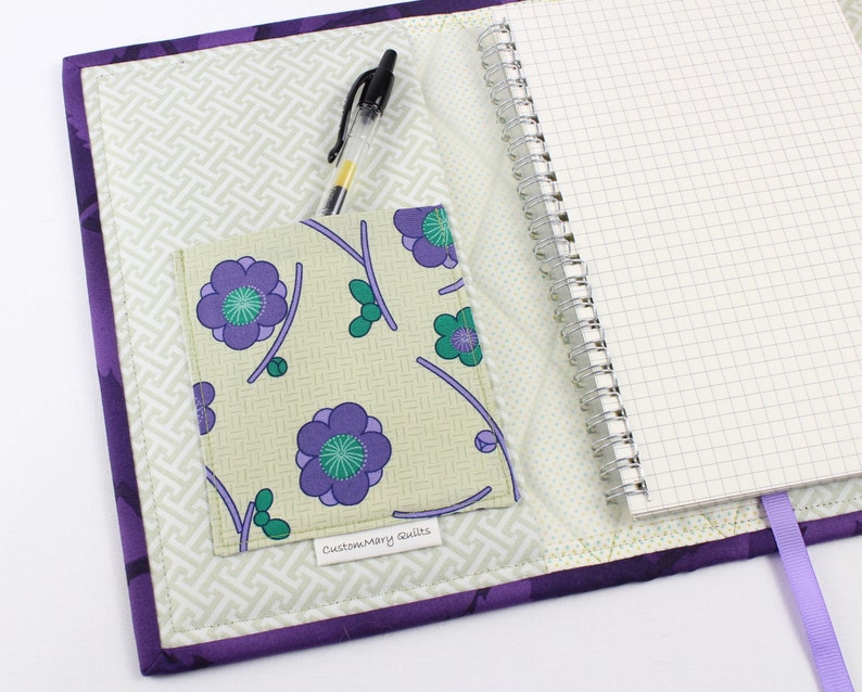 Quilted notebook cover with A5 spiral notebook -purple/teal Asian floral image 7