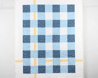 Adorable gingham patchwork baby quilt in blue, white, and yellow, 37" x 46"