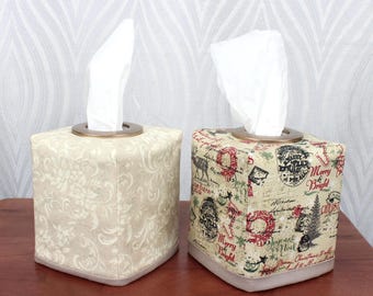 Reversible tissue box cover - Elegant Neutral / Retro Christmas Print