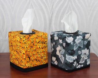 Reversible tissue box cover - Gray Floral and Halloween Jack-O-Lanterns