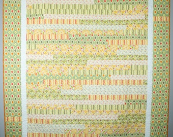 Handmade Patchwork Large Throw Quilt in Green, Yellow, Orange, and White