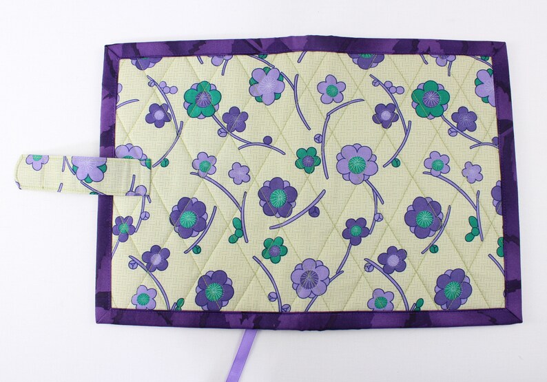 Quilted notebook cover with A5 spiral notebook -purple/teal Asian floral image 3