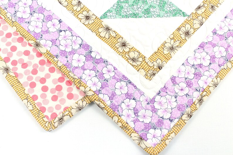 May include: Close-up of a quilt with a patchwork design. The quilt features a variety of floral patterns in shades of pink, purple, and green, with a yellow border.