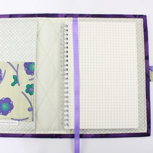 Quilted notebook cover with A5 spiral notebook -purple/teal Asian floral image 6