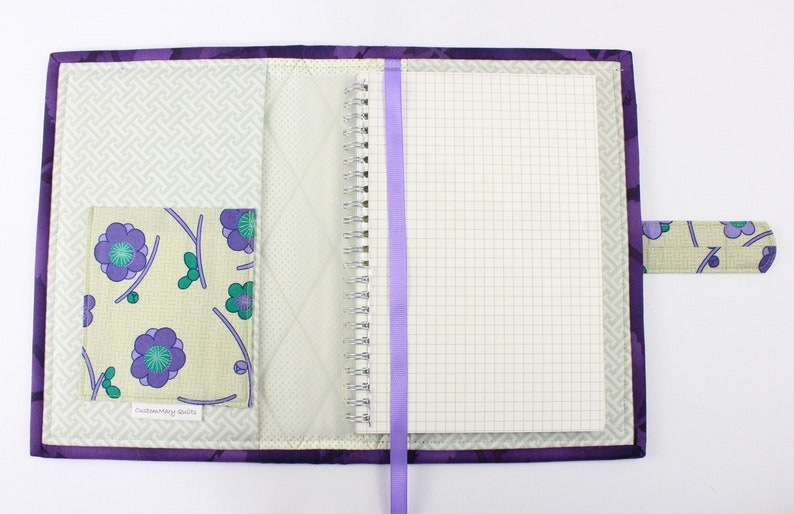 Quilted notebook cover with A5 spiral notebook -purple/teal Asian floral image 6