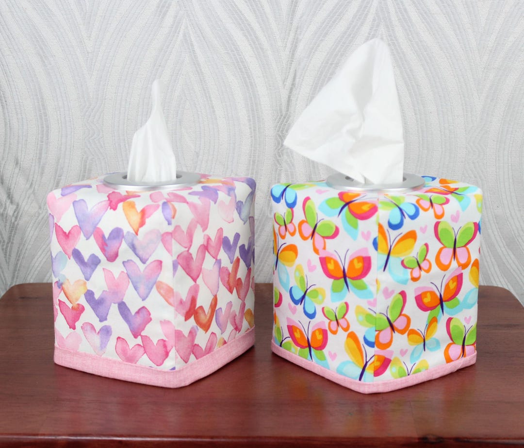 Reversible Tissue Box Cover - Bright Butterflies and Watercolor Hearts ...