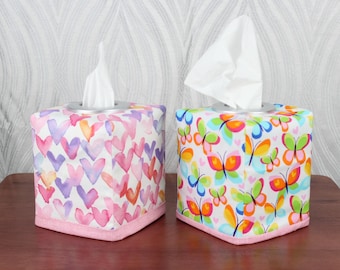 Reversible tissue box cover - Bright Butterflies and Watercolor Hearts