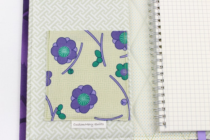 Quilted notebook cover with A5 spiral notebook -purple/teal Asian floral image 8