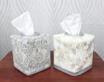 Reversible tissue box cover - Gray Paisley / Silver snowflakes