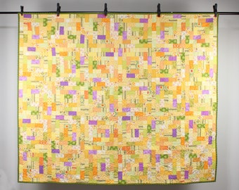Handmade Colorful Scrappy Throw Quilt in Yellows, Oranges, Greens, and Lavender