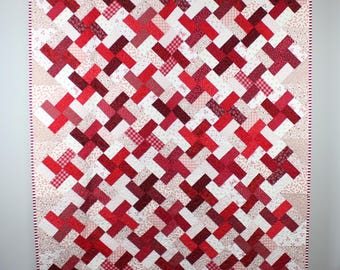 Patchwork Throw Quilt - Handmade Red and White Scrappy Quilt