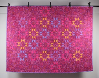 Handmade Patchwork Throw Quilt - Stars in Fuchsia, Pink, Orange and Lavender