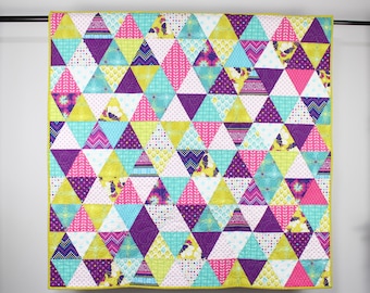 Modern Wall/Throw Quilt in Lime Green, Turquoise, Purple, Pink and White