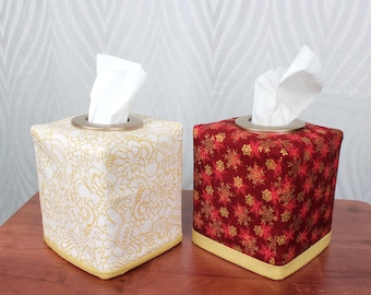 Reversible tissue box cover - Gold Outline Print on White  / Red with Metallic Snowflakes