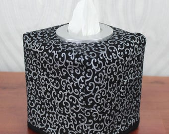 Reversible tissue box cover - Silver metallic swirls on black / Halloween print