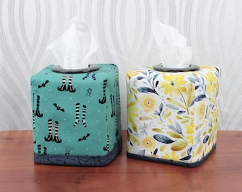 Reversible tissue box cover - Floral print and Halloween print