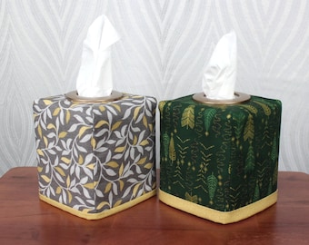 Reversible tissue box cover - Gray & Tan Leaf Print / Green Gold Metallic Trees