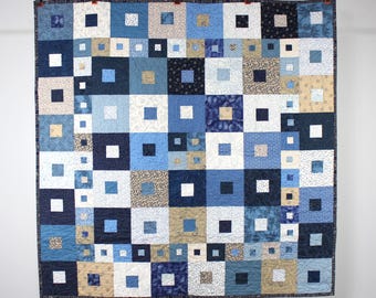 Patchwork  Throw Quilt  - Scrappy Shades of Blue and Tan
