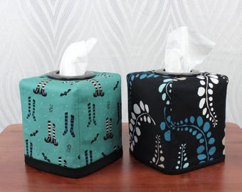 Reversible tissue box cover - Black and Teal vine print / Halloween print