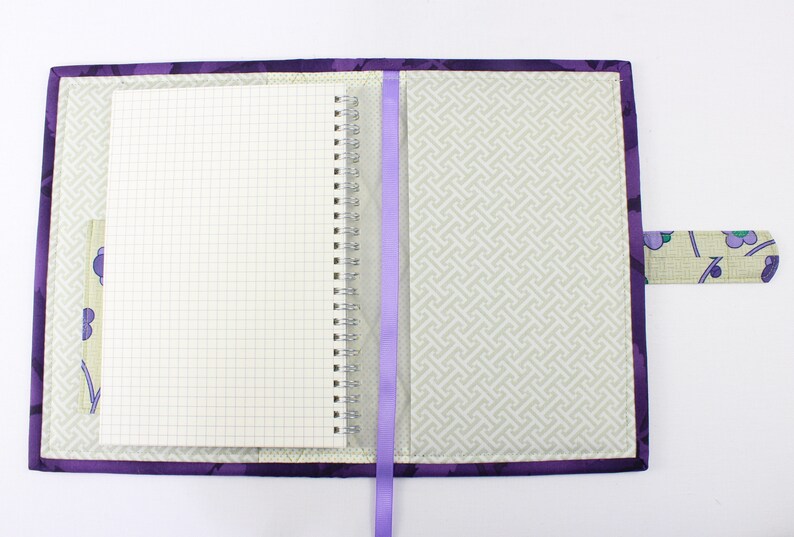 Quilted notebook cover with A5 spiral notebook -purple/teal Asian floral image 9