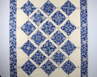 Handmade Traditional Patchwork Quilt in Tans and Blue Floral
