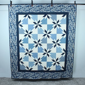 Handmade Patchwork Throw Quilt, Blue and Cream Hunter Star
