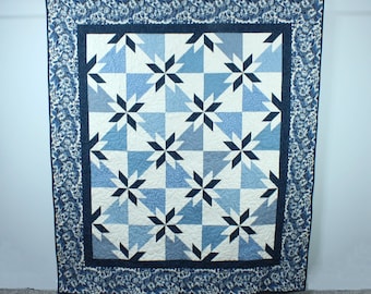 Handmade Patchwork Throw Quilt, Blue and Cream Hunter Star