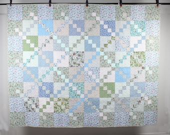 Handmade Patchwork Scrappy Throw Quilt in Pastel Blues and Greens