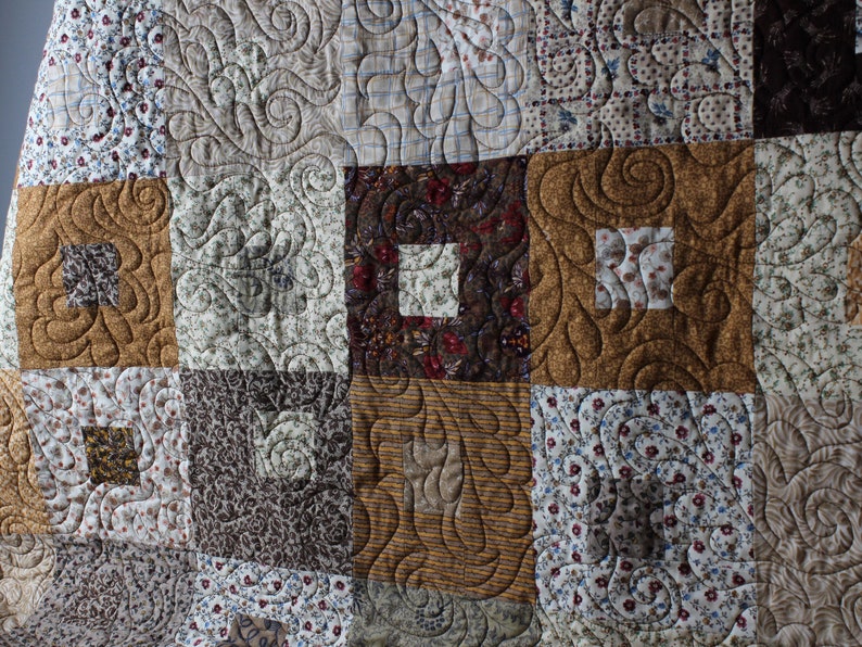 Handmade Quilt, Scrap Quilt, Modern Lap Quilt in Browns, Golds and Tan