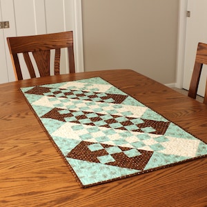 Wide Quilted Table Runner - Modern Patchwork - Aqua, Brown and Cream
